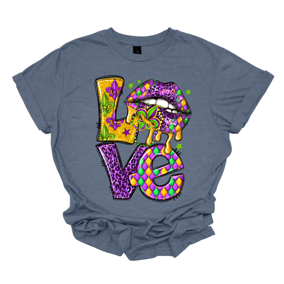 A fusion of festive flair and affectionate charm. This shirt is a unique expression of love, adorned with the word "Love" spelled out in bold, vibrant letters, and the 'o' replaced with playful lips that add a touch of whimsy and mischief. The design captures the joyous spirit of Mardi Gras while infusing a romantic and playful element. The word "Love" takes center stage, surrounded by the lively energy of the carnival celebration. Shop at Gorgeousware.com