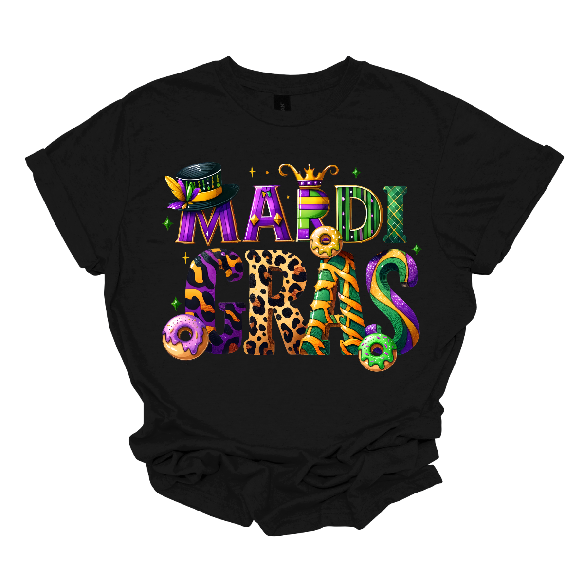 Step into the magical world of 'Mari Gras' with our enchanting t-shirt! Bursting with the vibrant colors of Mardi Gras, this whimsical design features playful imagery including tantalizing king cakes, elegant top hats, and a regal crown. Crafted in a fun and whimsical font, this shirt captures the essence of the celebration in every stitch. Shop at Gorgeousware.com