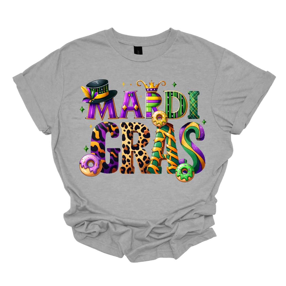 Step into the magical world of 'Mari Gras' with our enchanting t-shirt! Bursting with the vibrant colors of Mardi Gras, this whimsical design features playful imagery including tantalizing king cakes, elegant top hats, and a regal crown. Crafted in a fun and whimsical font, this shirt captures the essence of the celebration in every stitch. Shop at Gorgeousware.com