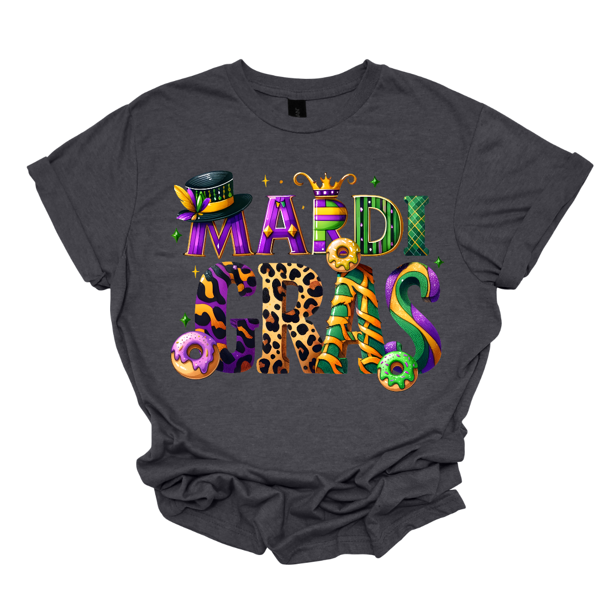 Step into the magical world of 'Mari Gras' with our enchanting t-shirt! Bursting with the vibrant colors of Mardi Gras, this whimsical design features playful imagery including tantalizing king cakes, elegant top hats, and a regal crown. Crafted in a fun and whimsical font, this shirt captures the essence of the celebration in every stitch. Shop at Gorgeousware.com