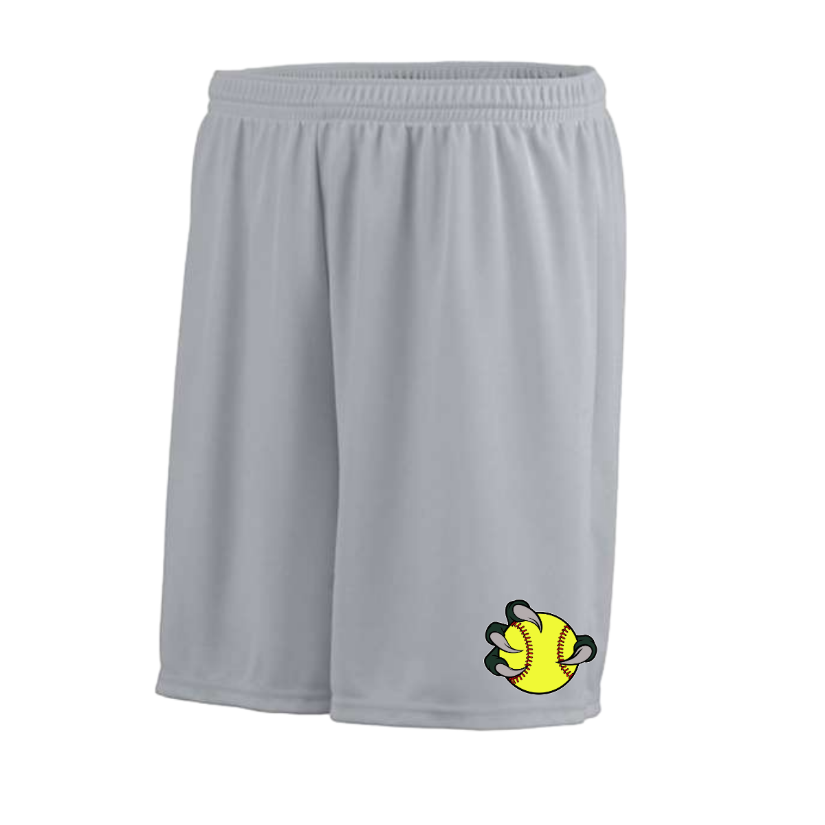 Gray shorts with a softball and claw graphic on a white background