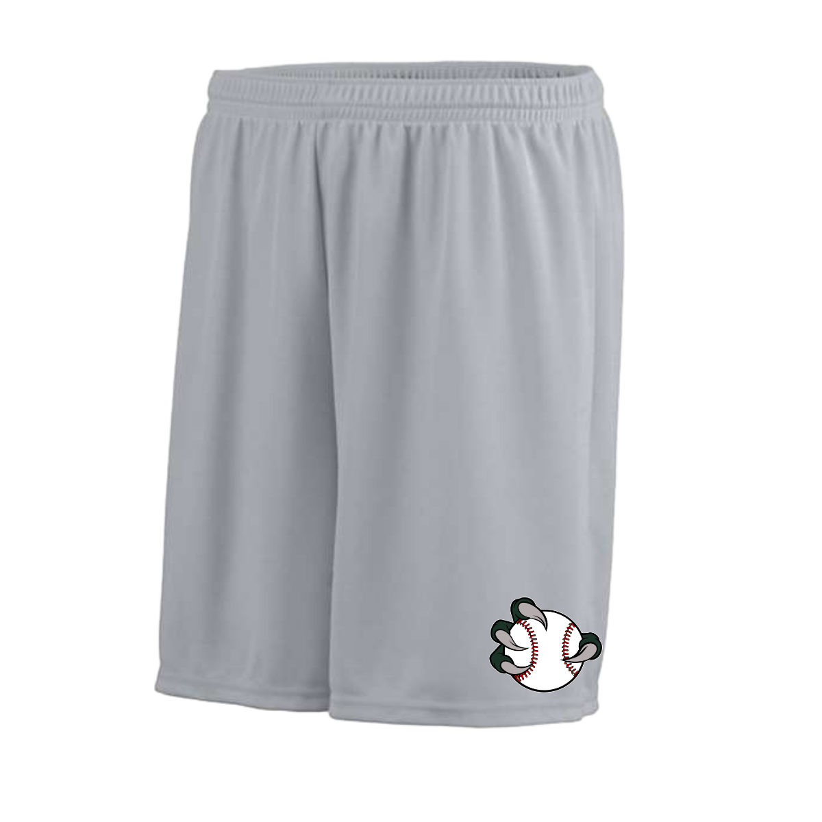 Gray shorts with a baseball and claw logo on a white background
