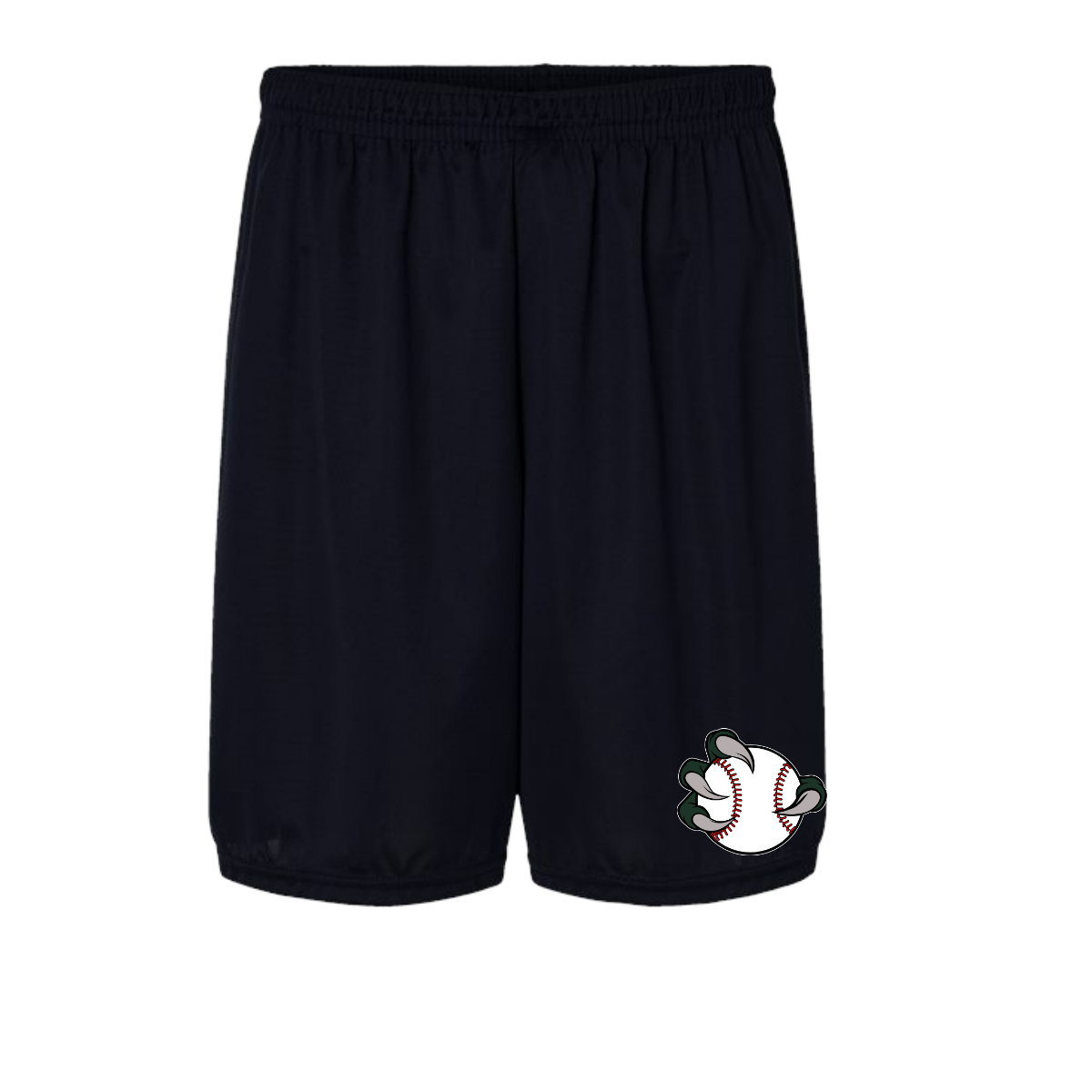 Black shorts with a baseball and claw design on a white background