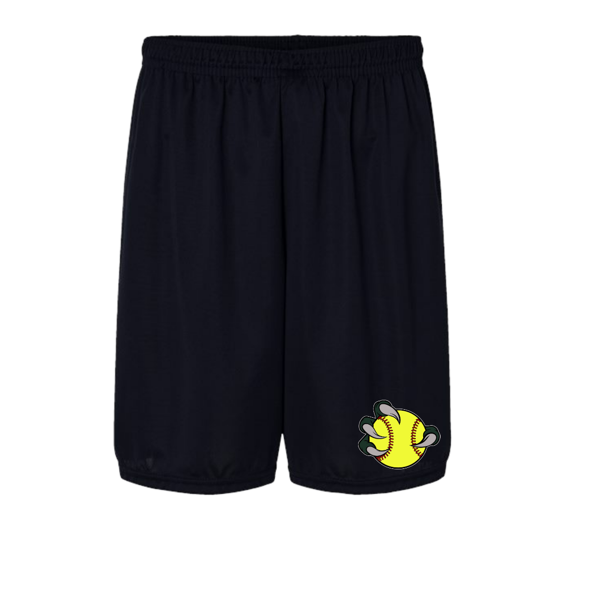 Black shorts with a yellow and white logo on a white background
