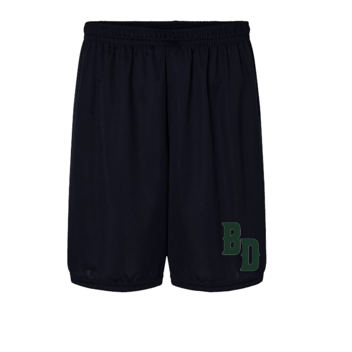 Black shorts with a green logo on a white background