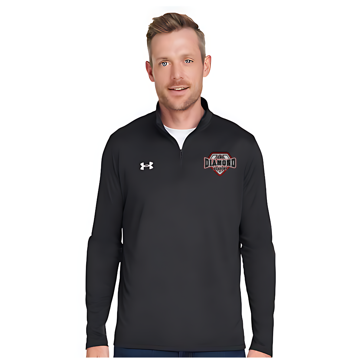 Man wearing a black long-sleeve shirt with the SMEO Diamond Academy logo on a white background