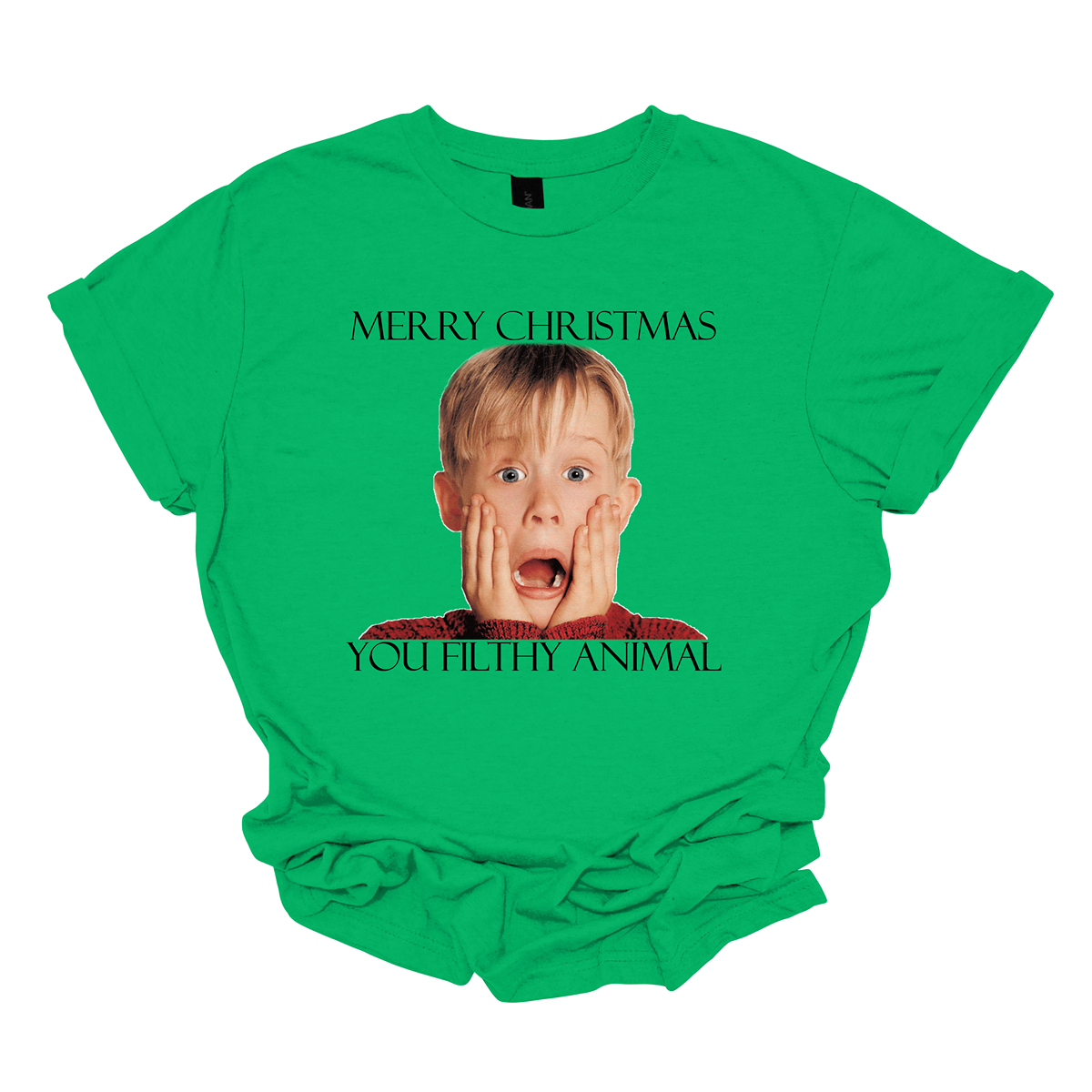 This fun and festive apparel features the iconic phrase "Merry Christmas You Filthy Animal" in bold, playful lettering, a memorable line from the Home Alone movie. The design also showcases the infamous face of Kevin McCallister, played by Macaulay Culkin, with his hands on his cheeks in a dramatic, surprised expression. Perfect for any Home Alone fan, this shirt or sweatshirt is ideal for spreading some holiday cheer and nostalgia.  Shop at Gorgeousware.com