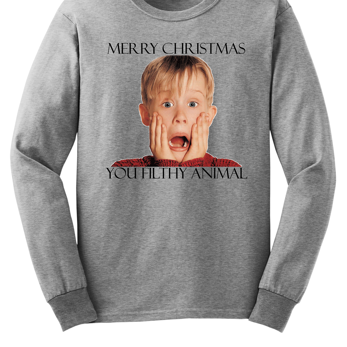 This fun and festive apparel features the iconic phrase "Merry Christmas You Filthy Animal" in bold, playful lettering, a memorable line from the Home Alone movie. The design also showcases the infamous face of Kevin McCallister, played by Macaulay Culkin, with his hands on his cheeks in a dramatic, surprised expression. Perfect for any Home Alone fan, this shirt or sweatshirt is ideal for spreading some holiday cheer and nostalgia.  Shop at Gorgeousware.com