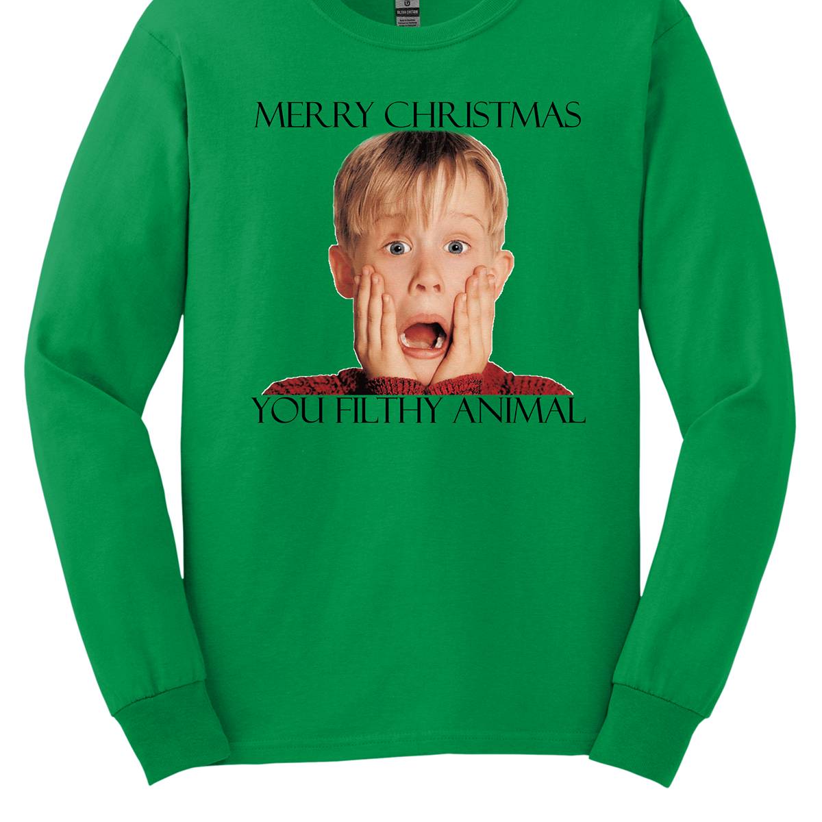 This fun and festive apparel features the iconic phrase "Merry Christmas You Filthy Animal" in bold, playful lettering, a memorable line from the Home Alone movie. The design also showcases the infamous face of Kevin McCallister, played by Macaulay Culkin, with his hands on his cheeks in a dramatic, surprised expression. Perfect for any Home Alone fan, this shirt or sweatshirt is ideal for spreading some holiday cheer and nostalgia.  Shop at Gorgeousware.com