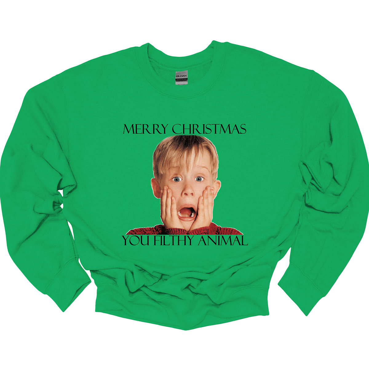 This fun and festive apparel features the iconic phrase "Merry Christmas You Filthy Animal" in bold, playful lettering, a memorable line from the Home Alone movie. The design also showcases the infamous face of Kevin McCallister, played by Macaulay Culkin, with his hands on his cheeks in a dramatic, surprised expression. Perfect for any Home Alone fan, this shirt or sweatshirt is ideal for spreading some holiday cheer and nostalgia.  Shop at Gorgeousware.com