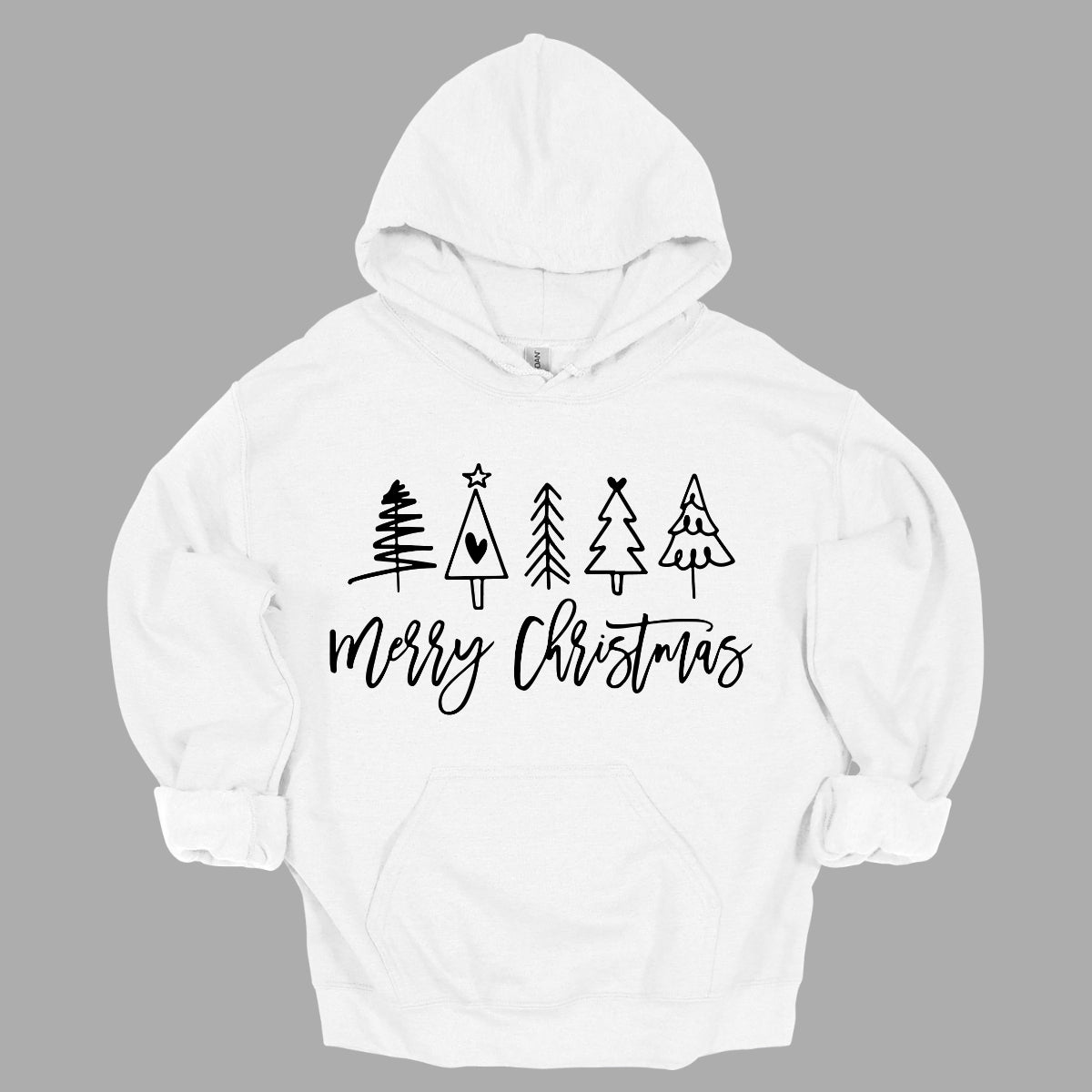 This charming t-shirt features the festive greeting "Merry Christmas" in a stylish black cursive font that flows beautifully across the front. Above the phrase, five delightful stick figure Christmas trees stand tall, each uniquely decorated to showcase its own personality. Shop Gorgeousware.com