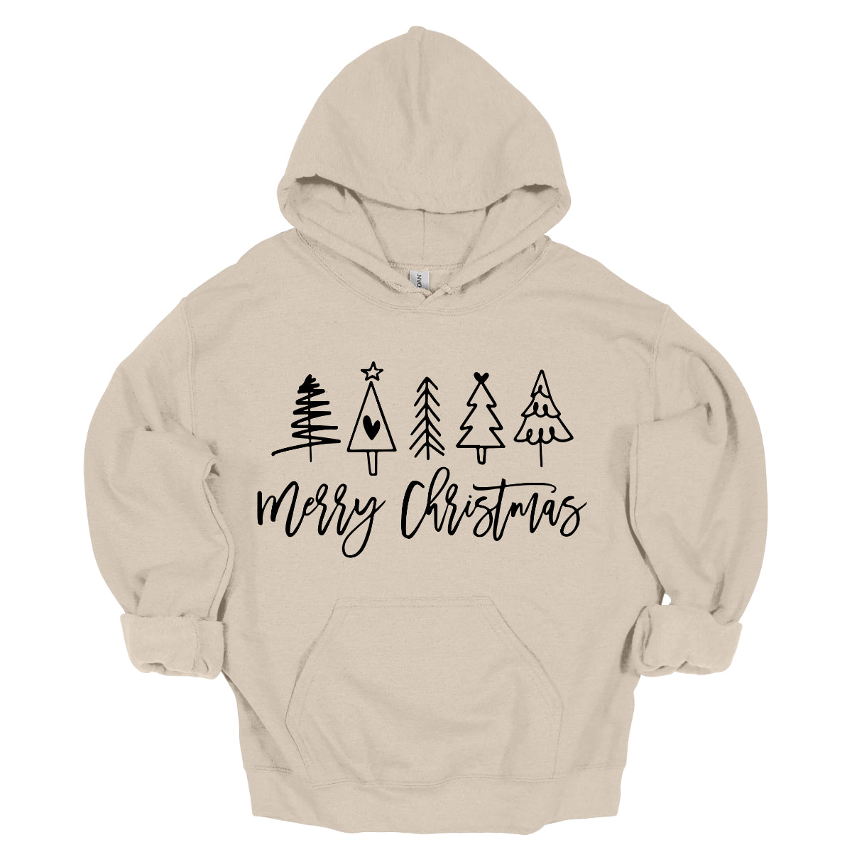 This charming t-shirt features the festive greeting "Merry Christmas" in a stylish black cursive font that flows beautifully across the front. Above the phrase, five delightful stick figure Christmas trees stand tall, each uniquely decorated to showcase its own personality. Shop Gorgeousware.com