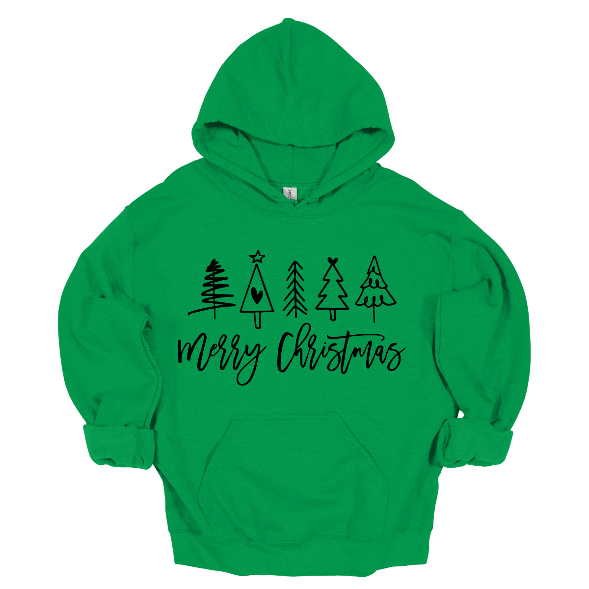 This charming t-shirt features the festive greeting "Merry Christmas" in a stylish black cursive font that flows beautifully across the front. Above the phrase, five delightful stick figure Christmas trees stand tall, each uniquely decorated to showcase its own personality. Shop Gorgeousware.com