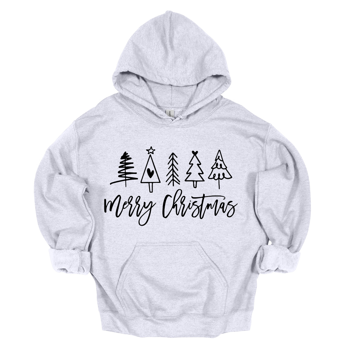 This charming t-shirt features the festive greeting "Merry Christmas" in a stylish black cursive font that flows beautifully across the front. Above the phrase, five delightful stick figure Christmas trees stand tall, each uniquely decorated to showcase its own personality. Shop Gorgeousware.com