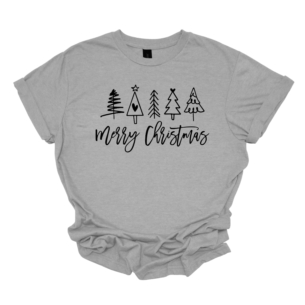 This charming t-shirt features the festive greeting "Merry Christmas" in a stylish black cursive font that flows beautifully across the front. Above the phrase, five delightful stick figure Christmas trees stand tall, each uniquely decorated to showcase its own personality. Shop Gorgeousware.com