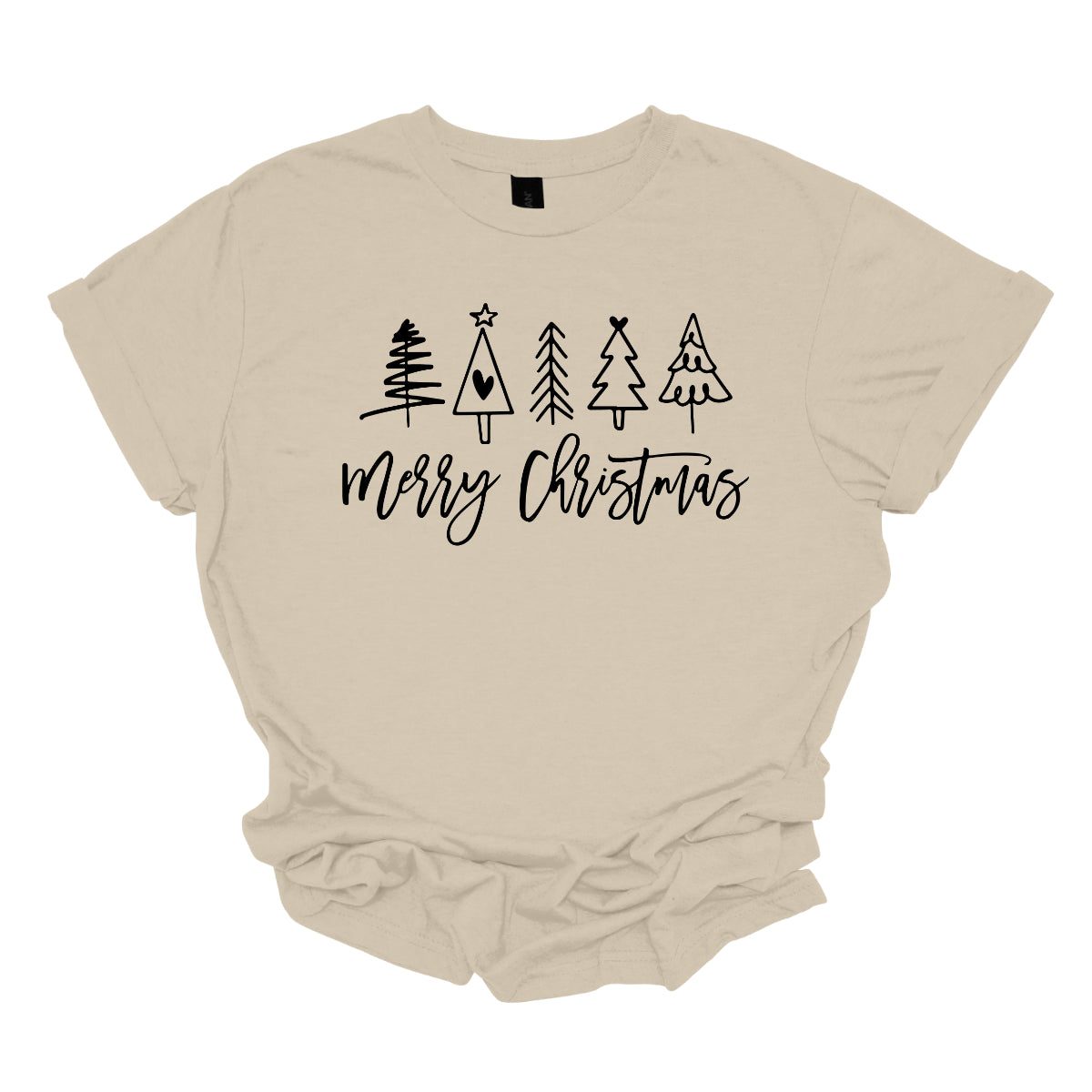 This charming t-shirt features the festive greeting "Merry Christmas" in a stylish black cursive font that flows beautifully across the front. Above the phrase, five delightful stick figure Christmas trees stand tall, each uniquely decorated to showcase its own personality. Shop Gorgeousware.com