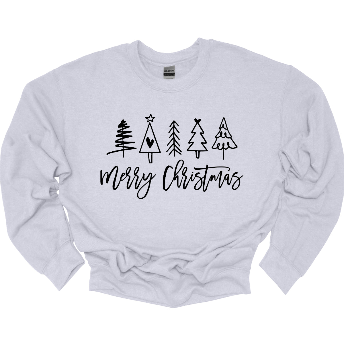 This charming t-shirt features the festive greeting "Merry Christmas" in a stylish black cursive font that flows beautifully across the front. Above the phrase, five delightful stick figure Christmas trees stand tall, each uniquely decorated to showcase its own personality. Shop Gorgeousware.com