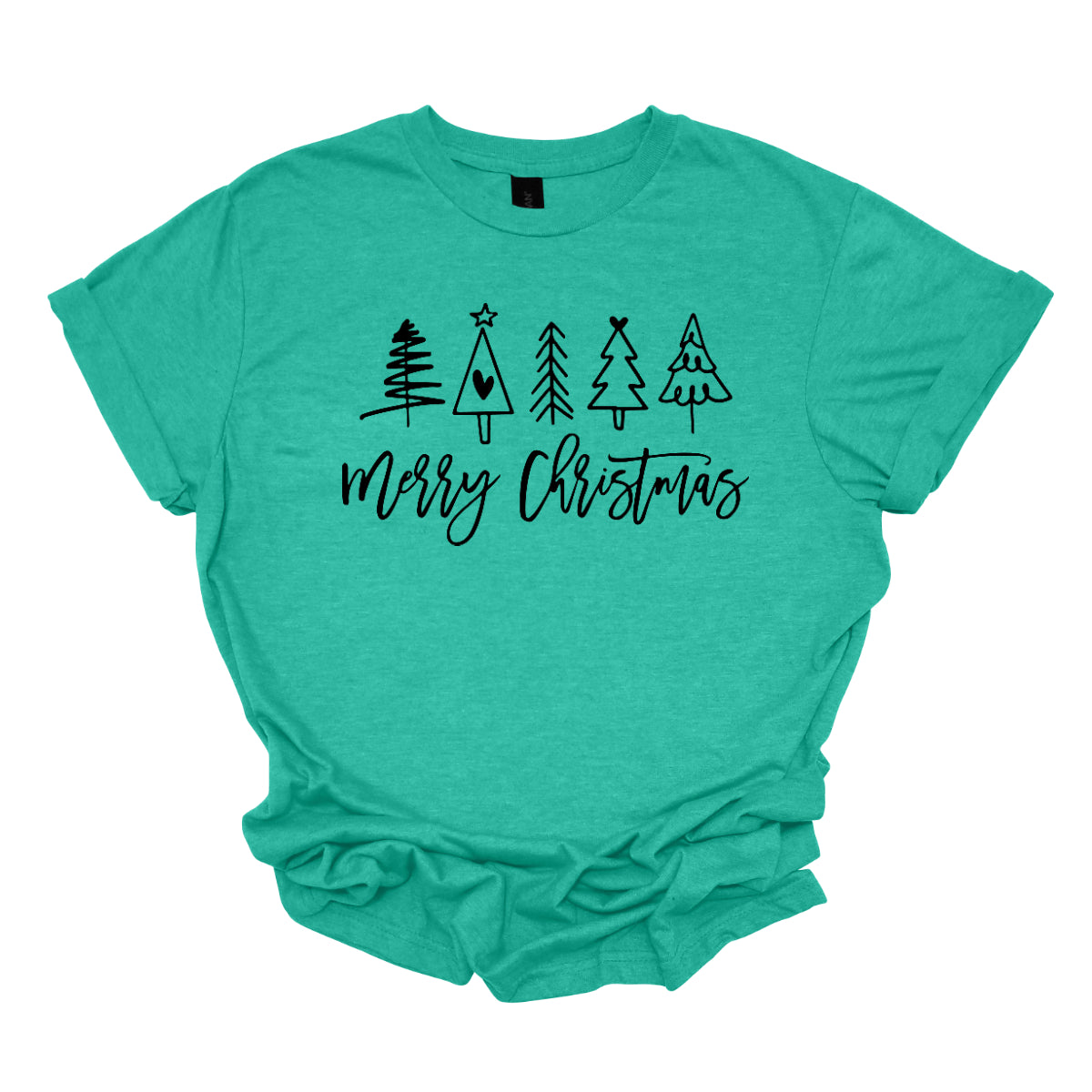 This charming t-shirt features the festive greeting "Merry Christmas" in a stylish black cursive font that flows beautifully across the front. Above the phrase, five delightful stick figure Christmas trees stand tall, each uniquely decorated to showcase its own personality. Shop Gorgeousware.com