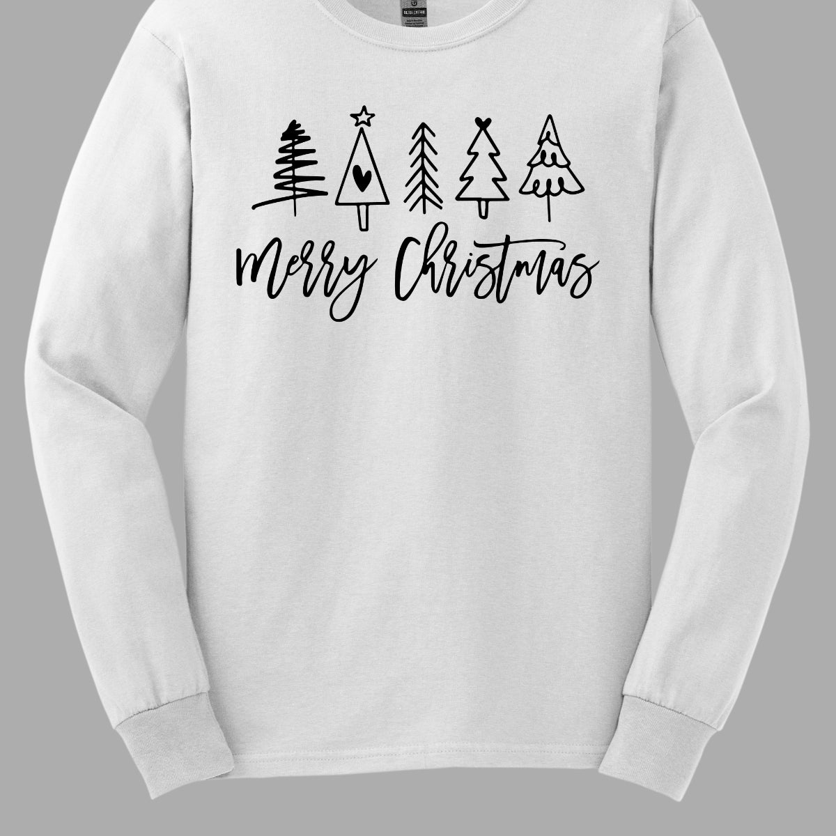 This charming t-shirt features the festive greeting "Merry Christmas" in a stylish black cursive font that flows beautifully across the front. Above the phrase, five delightful stick figure Christmas trees stand tall, each uniquely decorated to showcase its own personality. Shop Gorgeousware.com