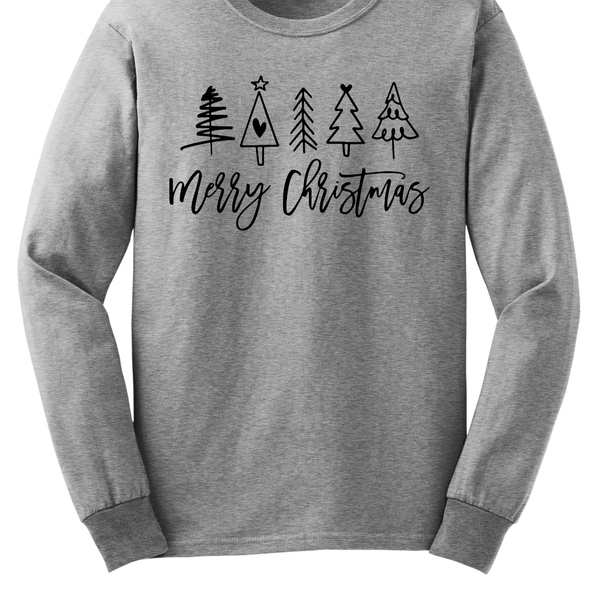 This charming t-shirt features the festive greeting "Merry Christmas" in a stylish black cursive font that flows beautifully across the front. Above the phrase, five delightful stick figure Christmas trees stand tall, each uniquely decorated to showcase its own personality. Shop Gorgeousware.com