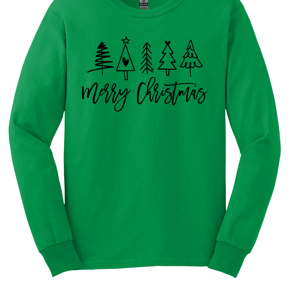 This charming t-shirt features the festive greeting "Merry Christmas" in a stylish black cursive font that flows beautifully across the front. Above the phrase, five delightful stick figure Christmas trees stand tall, each uniquely decorated to showcase its own personality. Shop Gorgeousware.com