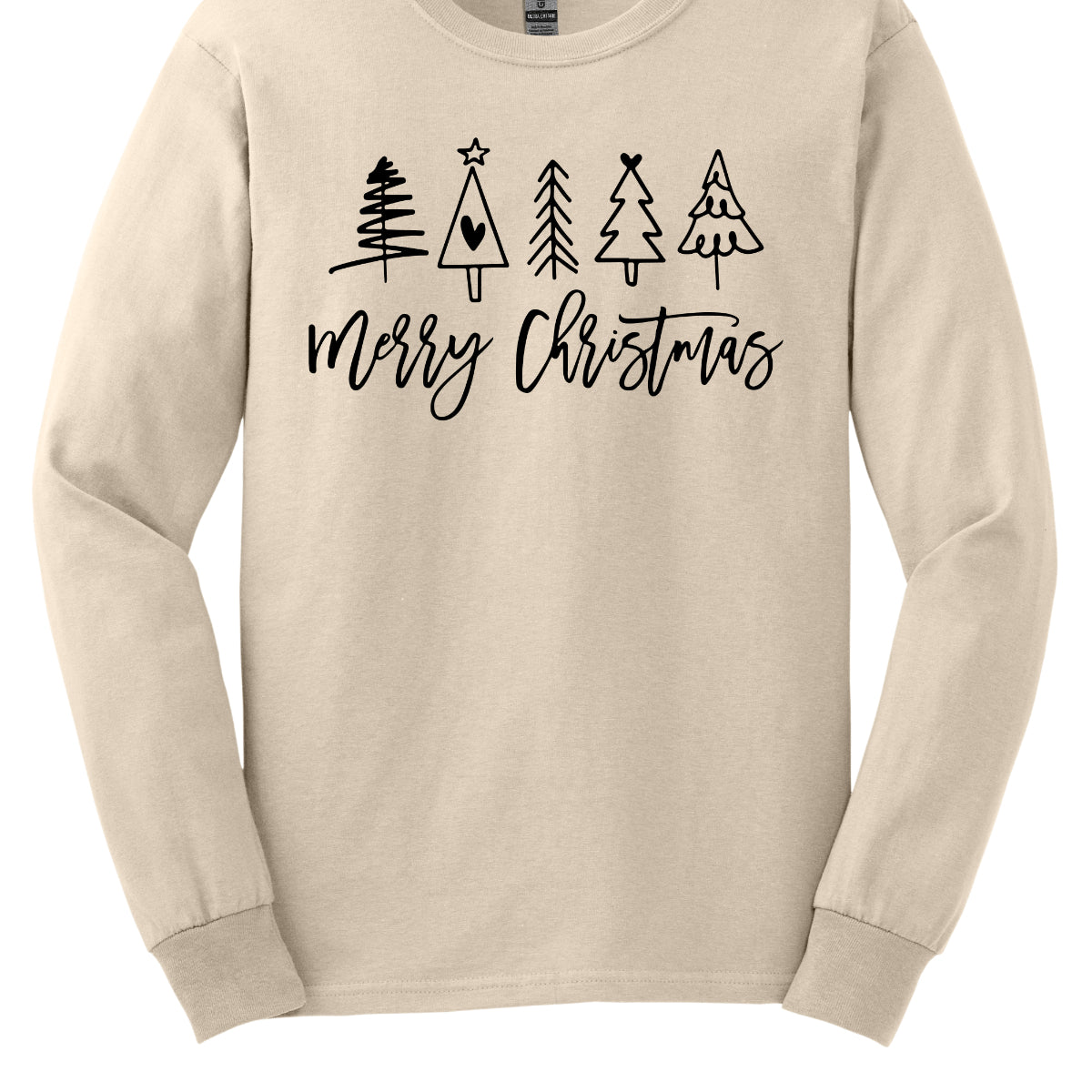 This charming t-shirt features the festive greeting "Merry Christmas" in a stylish black cursive font that flows beautifully across the front. Above the phrase, five delightful stick figure Christmas trees stand tall, each uniquely decorated to showcase its own personality. Shop Gorgeousware.com