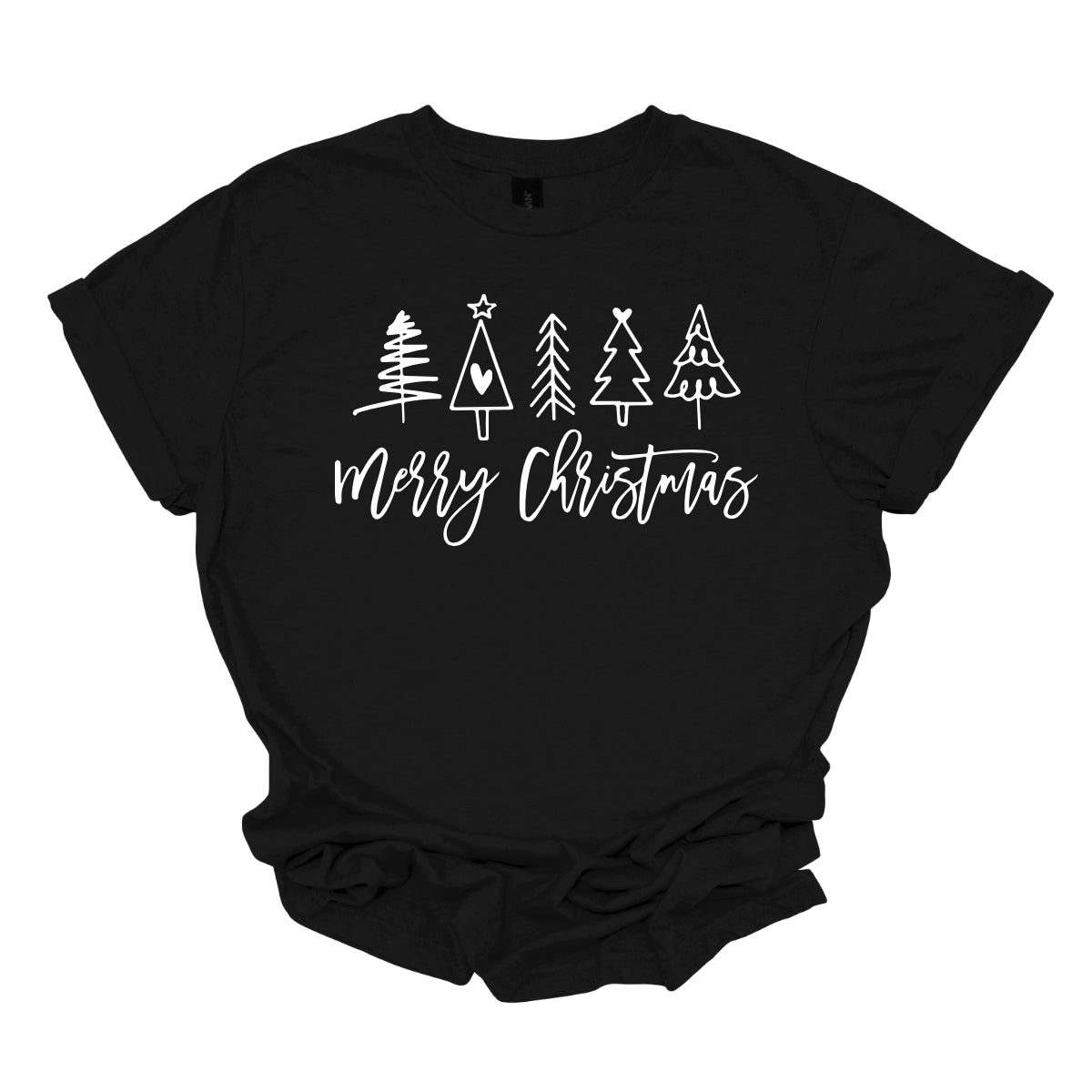 This charming t-shirt features the festive greeting "Merry Christmas" in a stylish white cursive font that flows beautifully across the front. Above the phrase, five delightful stick figure Christmas trees stand tall, each uniquely decorated to showcase its own personality. Shop Gorgeousware.com