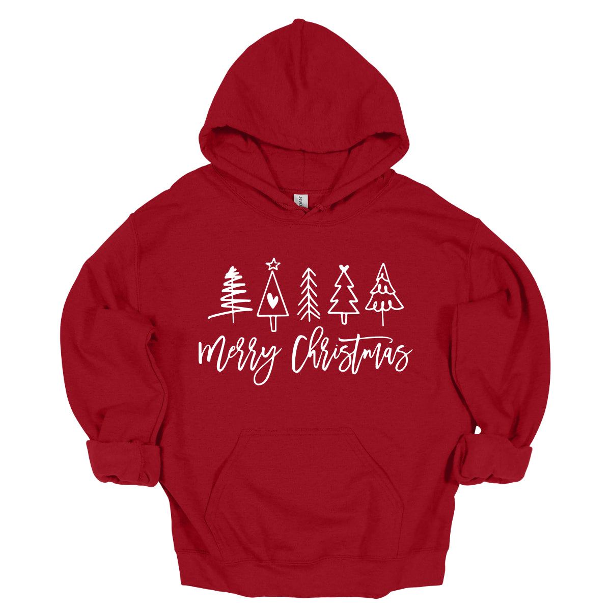 This charming t-shirt features the festive greeting "Merry Christmas" in a stylish white cursive font that flows beautifully across the front. Above the phrase, five delightful stick figure Christmas trees stand tall, each uniquely decorated to showcase its own personality. Shop Gorgeousware.com