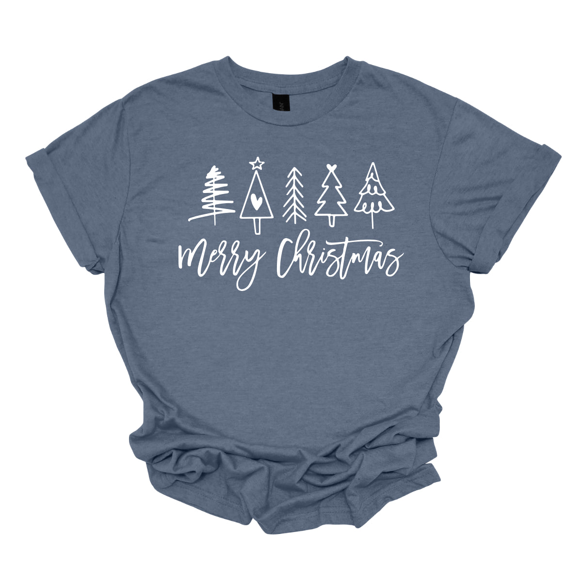 This charming t-shirt features the festive greeting "Merry Christmas" in a stylish white cursive font that flows beautifully across the front. Above the phrase, five delightful stick figure Christmas trees stand tall, each uniquely decorated to showcase its own personality. Shop Gorgeousware.com