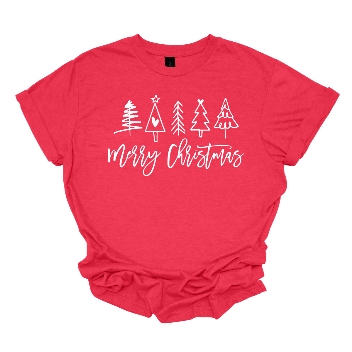 This charming t-shirt features the festive greeting "Merry Christmas" in a stylish white cursive font that flows beautifully across the front. Above the phrase, five delightful stick figure Christmas trees stand tall, each uniquely decorated to showcase its own personality. Shop Gorgeousware.com