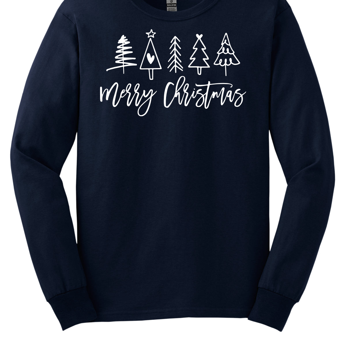 This charming t-shirt features the festive greeting "Merry Christmas" in a stylish white cursive font that flows beautifully across the front. Above the phrase, five delightful stick figure Christmas trees stand tall, each uniquely decorated to showcase its own personality. Shop Gorgeousware.com