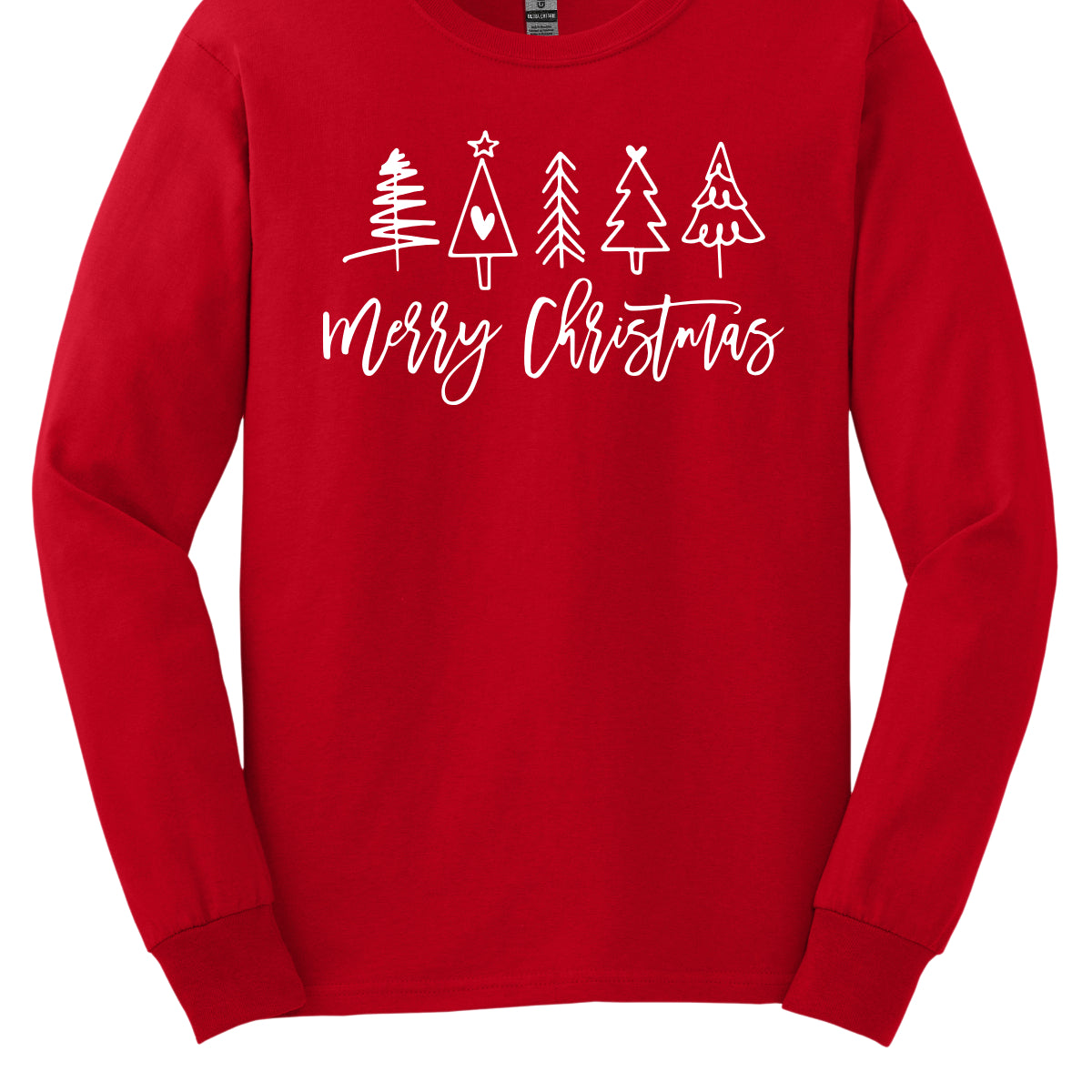 This charming t-shirt features the festive greeting "Merry Christmas" in a stylish white cursive font that flows beautifully across the front. Above the phrase, five delightful stick figure Christmas trees stand tall, each uniquely decorated to showcase its own personality. Shop Gorgeousware.com