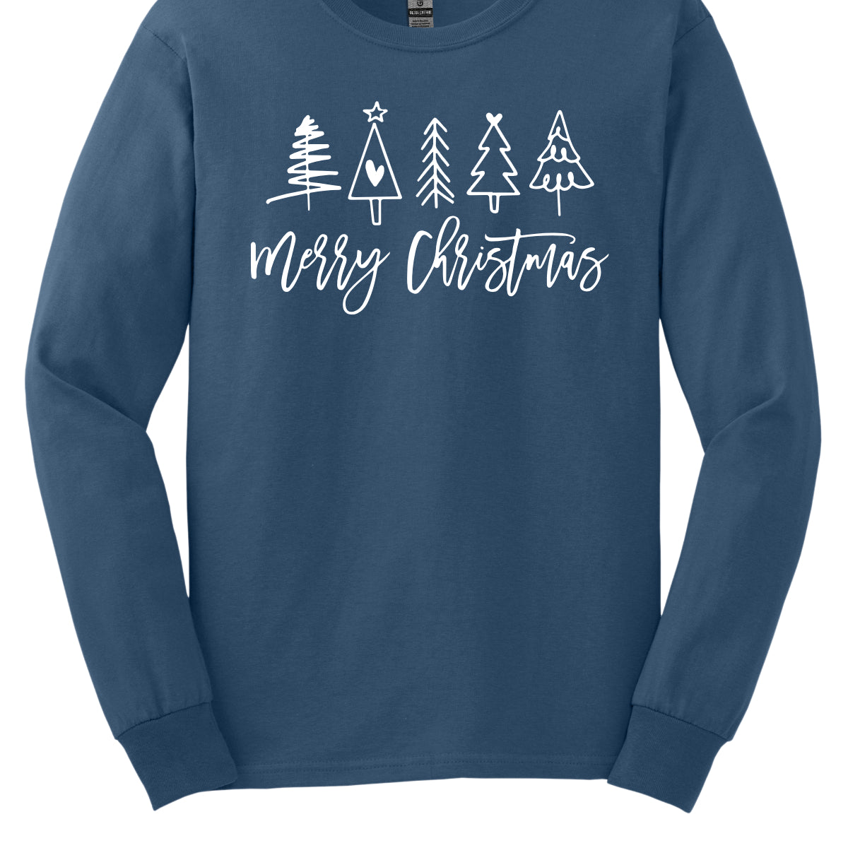 This charming t-shirt features the festive greeting "Merry Christmas" in a stylish white cursive font that flows beautifully across the front. Above the phrase, five delightful stick figure Christmas trees stand tall, each uniquely decorated to showcase its own personality. Shop Gorgeousware.com