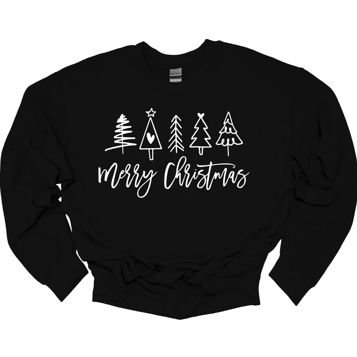 This charming t-shirt features the festive greeting "Merry Christmas" in a stylish white cursive font that flows beautifully across the front. Above the phrase, five delightful stick figure Christmas trees stand tall, each uniquely decorated to showcase its own personality. Shop Gorgeousware.com