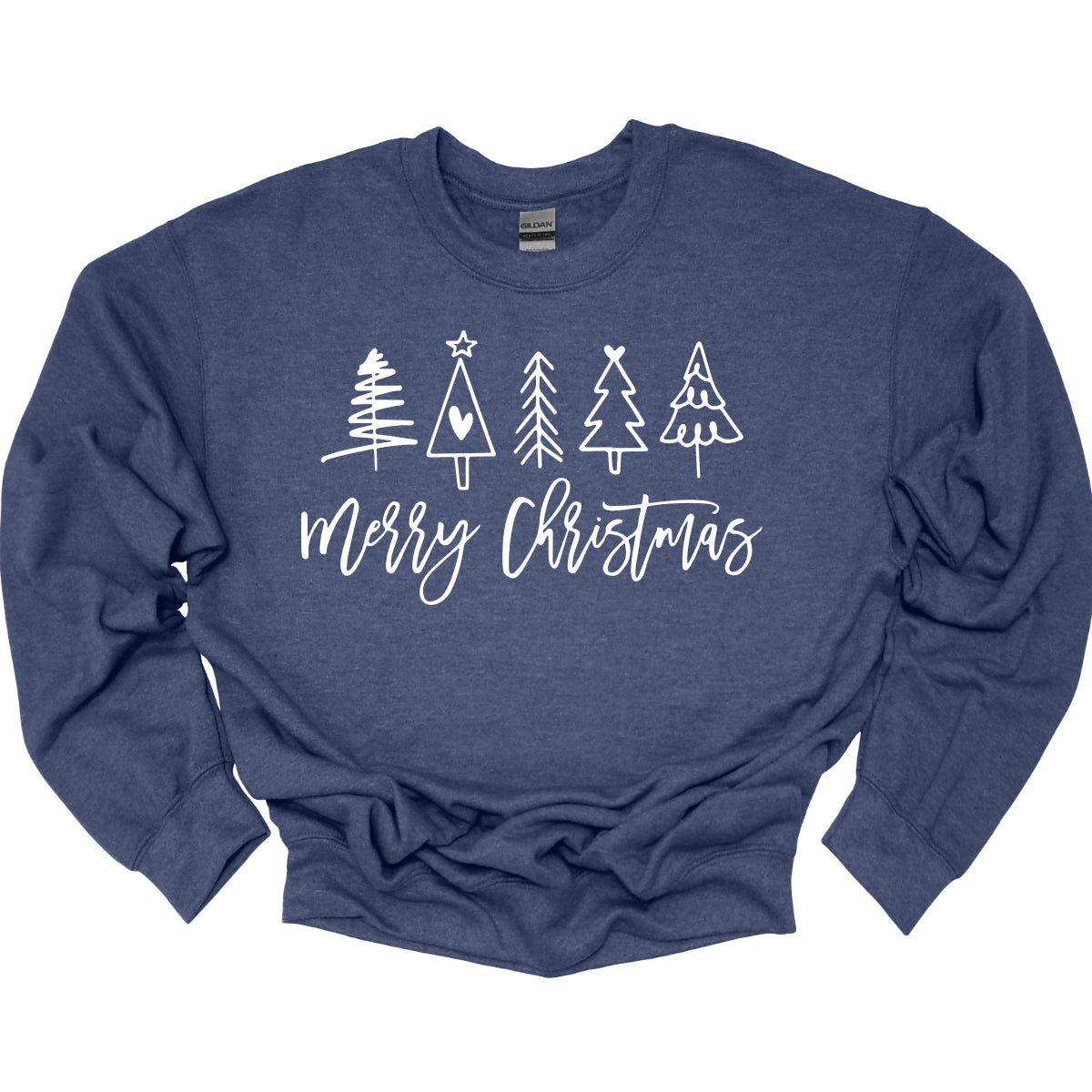 This charming t-shirt features the festive greeting "Merry Christmas" in a stylish white cursive font that flows beautifully across the front. Above the phrase, five delightful stick figure Christmas trees stand tall, each uniquely decorated to showcase its own personality. Shop Gorgeousware.com