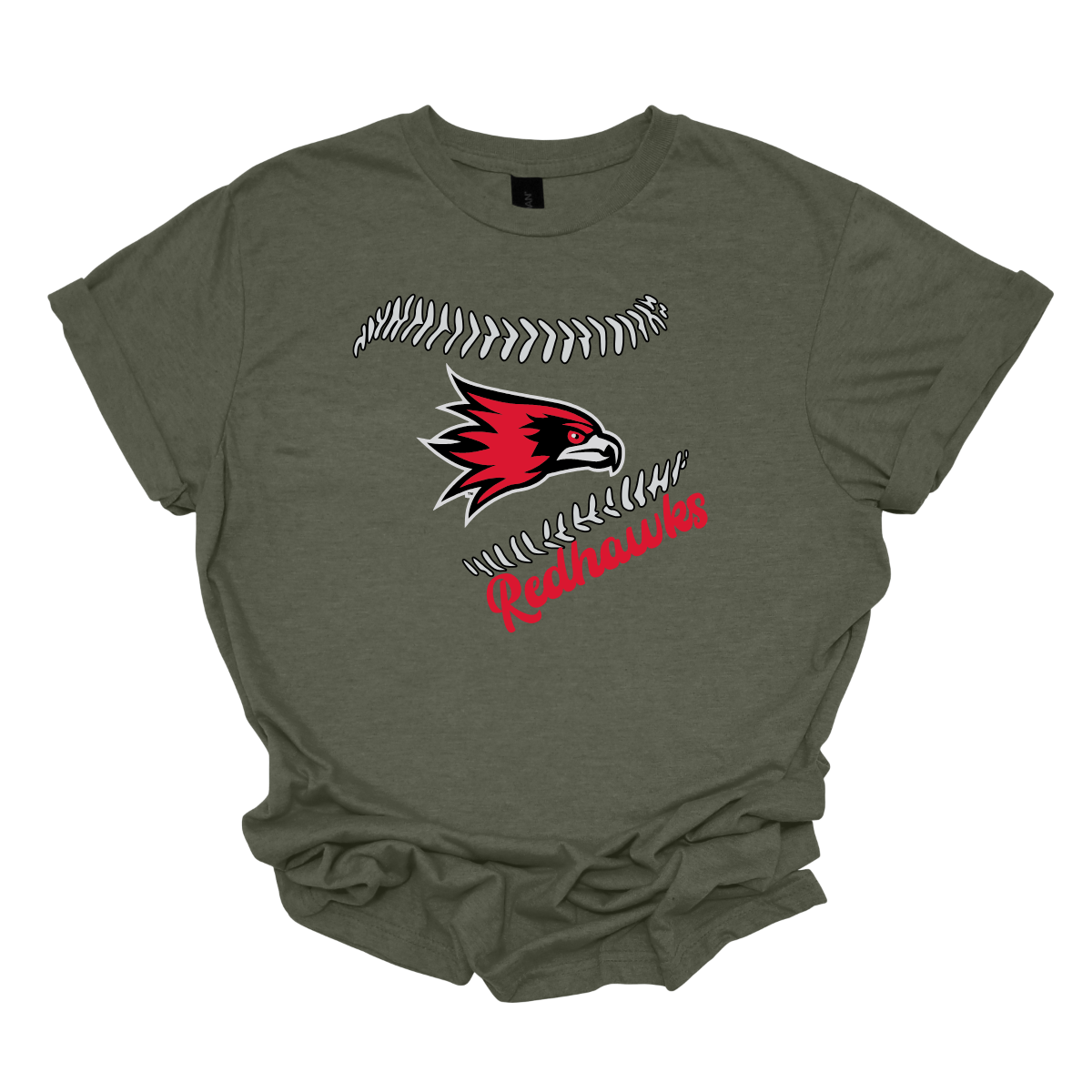Green t-shirt with redhawks logo and text on a white background
