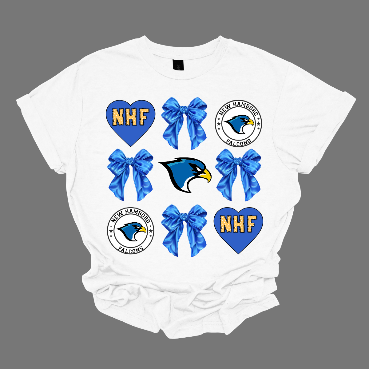 This stylish apparel design for the New Hamburg Falcons Croquet features a blend of classic charm and modern flair. The centerpiece is a bold, fierce falcon head, a dynamic symbol of strength and precision at the core, that perfectly embodies the spirit of the team, surrounded by heart encasing NHF standing for the love of the "New Hamburg Falcons" and a retro-inspired circle log that frames the falcon. Whether worn on the court or around town, this design is a proud tribute to the New Hamburg Falcons and t