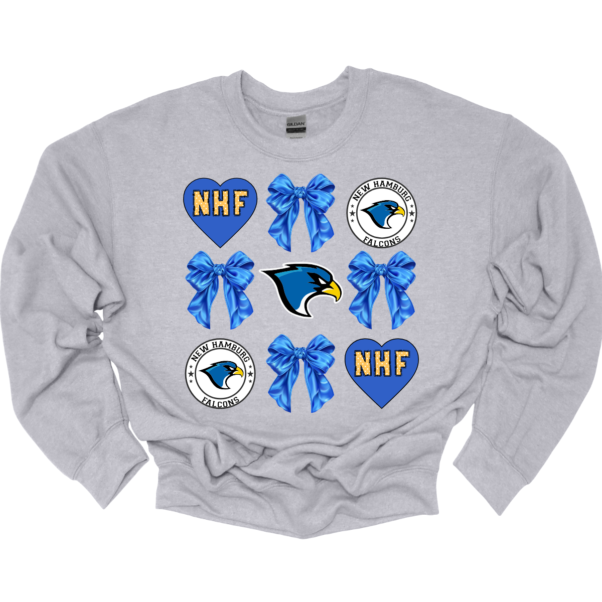 This stylish apparel design for the New Hamburg Falcons Croquet features a blend of classic charm and modern flair. The centerpiece is a bold, fierce falcon head, a dynamic symbol of strength and precision at the core, that perfectly embodies the spirit of the team, surrounded by heart encasing NHF standing for the love of the "New Hamburg Falcons" and a retro-inspired circle log that frames the falcon. Shop at Gorgeousware.com