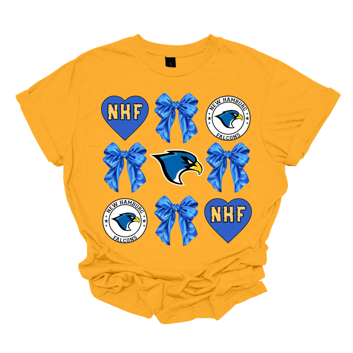 This stylish apparel design for the New Hamburg Falcons Croquet features a blend of classic charm and modern flair. The centerpiece is a bold, fierce falcon head, a dynamic symbol of strength and precision at the core, that perfectly embodies the spirit of the team, surrounded by heart encasing NHF standing for the love of the "New Hamburg Falcons" and a retro-inspired circle log that frames the falcon. Whether worn on the court or around town, this design is a proud tribute to the New Hamburg Falcons and t