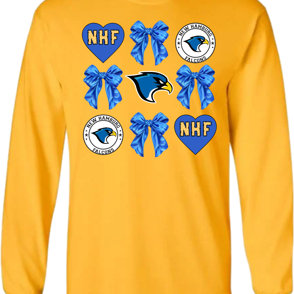 This stylish apparel design for the New Hamburg Falcons Croquet features a blend of classic charm and modern flair. The centerpiece is a bold, fierce falcon head, a dynamic symbol of strength and precision at the core, that perfectly embodies the spirit of the team, surrounded by heart encasing NHF standing for the love of the "New Hamburg Falcons" and a retro-inspired circle log that frames the falcon. Shop at Gorgeousware.com