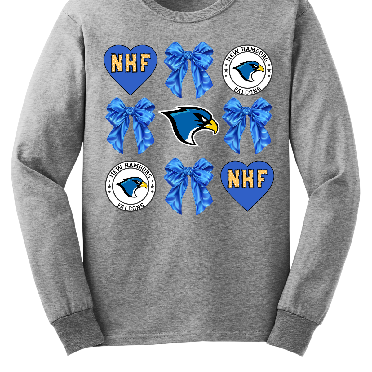 This stylish apparel design for the New Hamburg Falcons Croquet features a blend of classic charm and modern flair. The centerpiece is a bold, fierce falcon head, a dynamic symbol of strength and precision at the core, that perfectly embodies the spirit of the team, surrounded by heart encasing NHF standing for the love of the "New Hamburg Falcons" and a retro-inspired circle log that frames the falcon. Shop at Gorgeousware.com