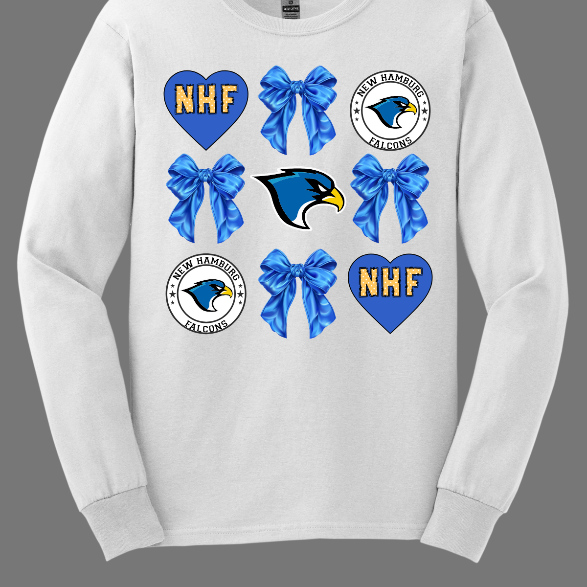 This stylish apparel design for the New Hamburg Falcons Croquet features a blend of classic charm and modern flair. The centerpiece is a bold, fierce falcon head, a dynamic symbol of strength and precision at the core, that perfectly embodies the spirit of the team, surrounded by heart encasing NHF standing for the love of the "New Hamburg Falcons" and a retro-inspired circle log that frames the falcon. Shop at Gorgeousware.com