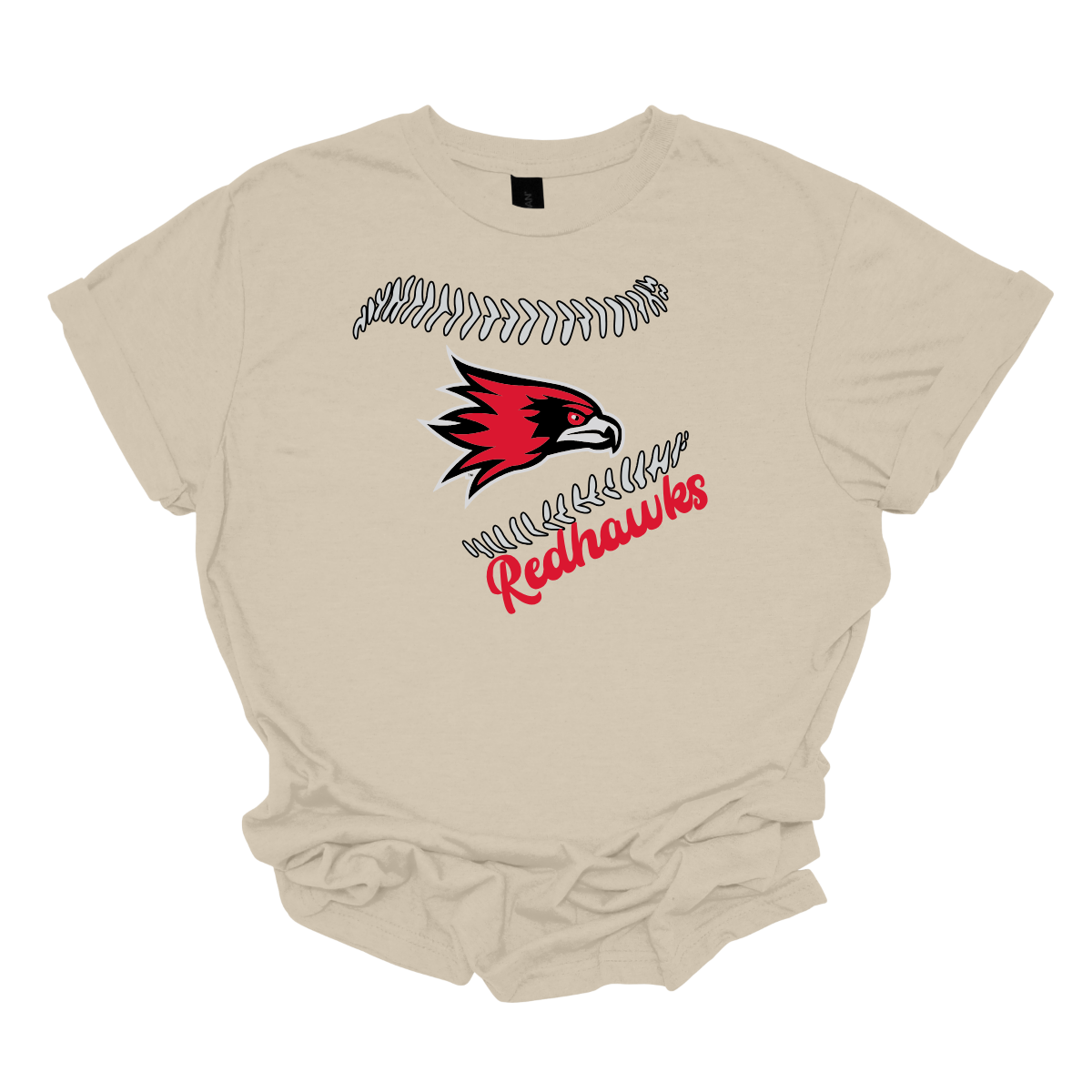 Beige t-shirt with red and black redhawk logo and 'Redhawks' text on a white background