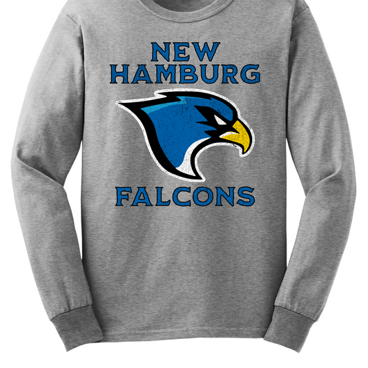 This stylish apparel features a bold design that proudly showcases the name New Hamburg in a grunge-style font, creating a unique, urban vibe. Beneath, the iconic Falcon logo takes center stage, symbolizing strength and pride. Below the logo, the word Falcons is displayed in the same rugged font, adding a fierce sense of unity. The entire design is done in a vibrant royal blue, with a sharp black outline that enhances the edgy look. Shop at Gorgeousware.com