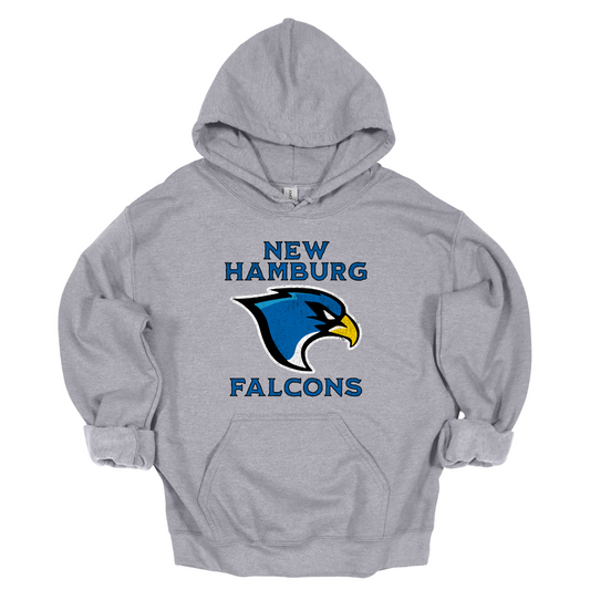 This stylish apparel features a bold design that proudly showcases the name New Hamburg in a grunge-style font, creating a unique, urban vibe. Beneath, the iconic Falcon logo takes center stage, symbolizing strength and pride. Below the logo, the word Falcons is displayed in the same rugged font, adding a fierce sense of unity. The entire design is done in a vibrant royal blue, with a sharp black outline that enhances the edgy look, Shop at Gorgeousware.com