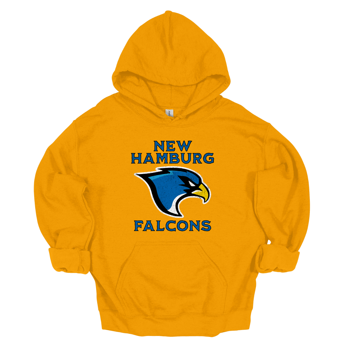 This stylish apparel features a bold design that proudly showcases the name New Hamburg in a grunge-style font, creating a unique, urban vibe. Beneath, the iconic Falcon logo takes center stage, symbolizing strength and pride. Below the logo, the word Falcons is displayed in the same rugged font, adding a fierce sense of unity. The entire design is done in a vibrant royal blue, with a sharp black outline that enhances the edgy look, Shop at Gorgeousware.com