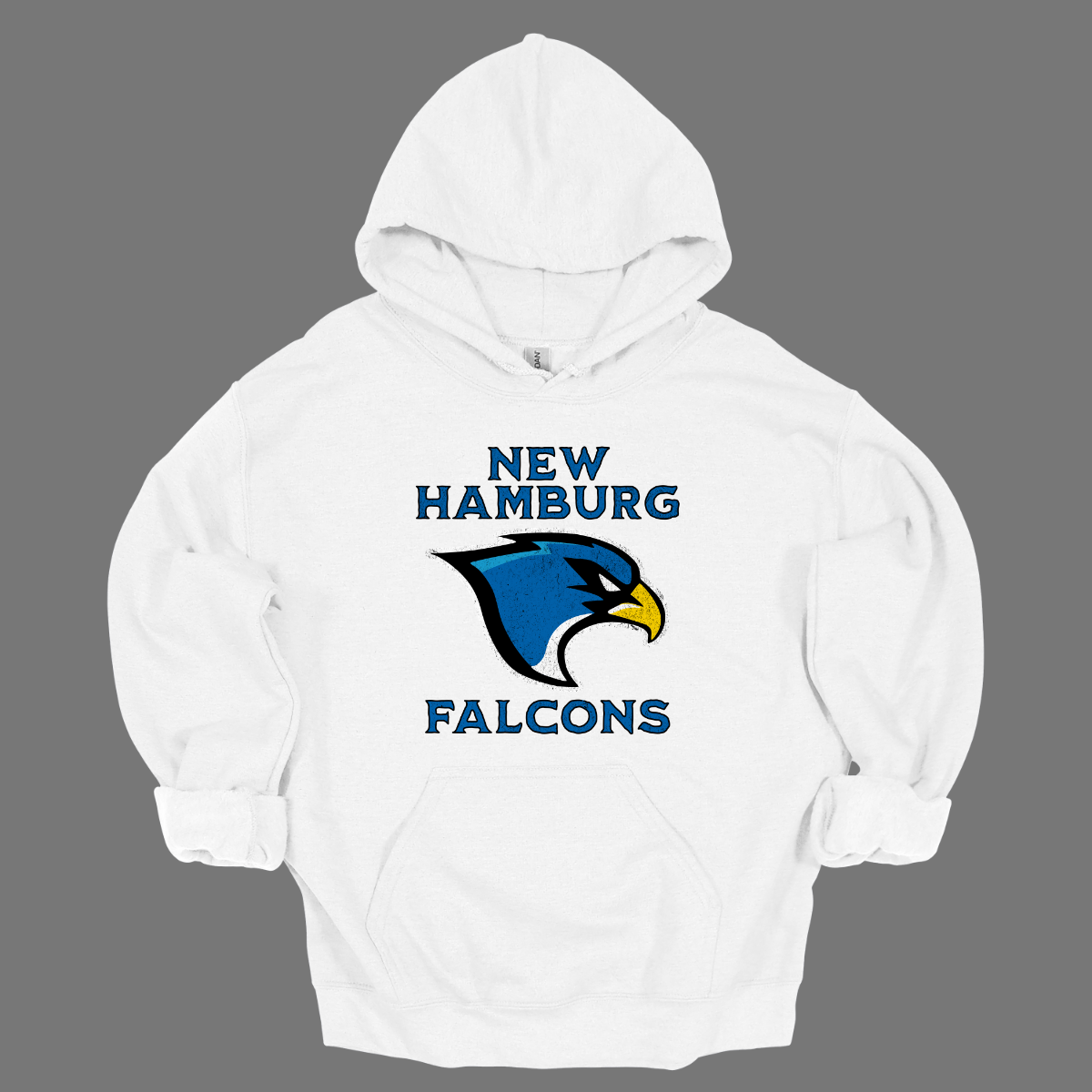 This stylish apparel features a bold design that proudly showcases the name New Hamburg in a grunge-style font, creating a unique, urban vibe. Beneath, the iconic Falcon logo takes center stage, symbolizing strength and pride. Below the logo, the word Falcons is displayed in the same rugged font, adding a fierce sense of unity. The entire design is done in a vibrant royal blue, with a sharp black outline that enhances the edgy look, Shop at Gorgeousware.com