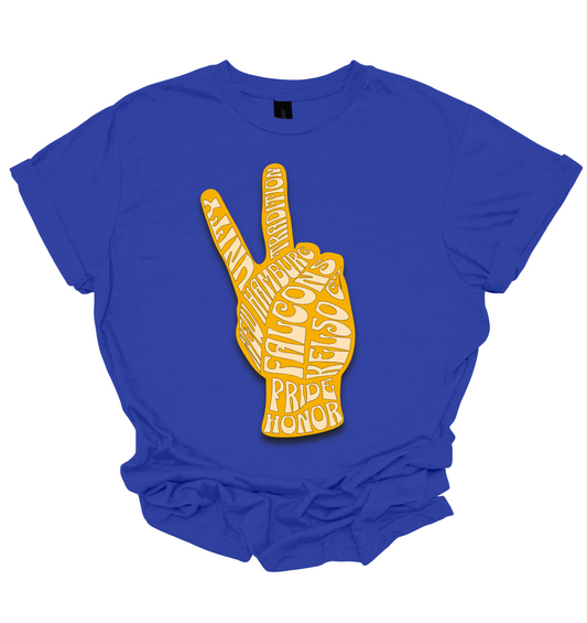 A bold and uplifting design that symbolizes both peace and school spirit. The central focus is a large, gold peace hand, its fingers forming the classic “peace” gesture, with a vibrant gold hue that stands out against the apparel’s base color. Inside the outline of the hand, the words "Unity," "Pride," "Tradition," and "Honor" that embodies school pride and unity can be artistically integrated into the hand's interior. Shop at Gorgeousware.com