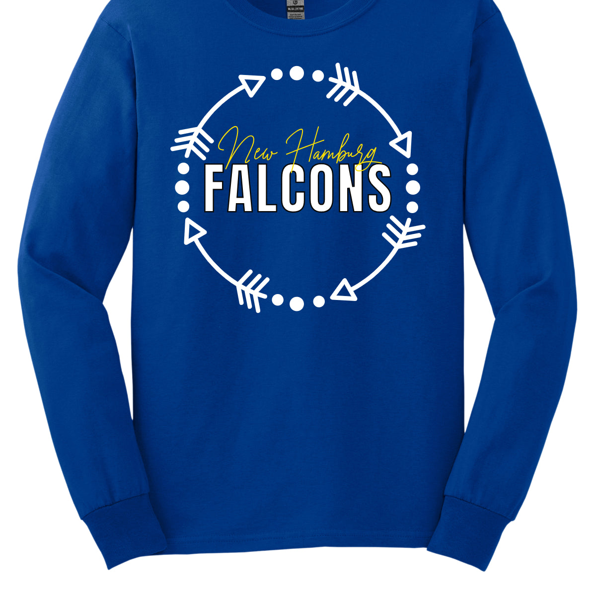 Introducing our latest New Hamburg Falcons spirit wear – a vibrant and stylish way to show your school pride! This apparel features a striking design with a bold white arrow wreath encircling the words "New Hamburg Falcons." The "New Hamburg" text stands out in a vibrant yellow, while "Falcons" is highlighted in a crisp white with larger, eye-catching lettering.  Shop Gorgeousware.com