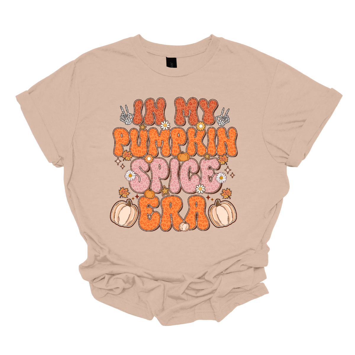 The t-shirt features the phrase "In My Pumpkin Spice Era" in a bold and playful retro font. The text is styled in a vibrant cheetah print pattern, alternating between shades of orange and pink to create a dynamic and eye-catching effect that evokes the warmth and fun of the fall season. Shop Gorgeousware.com